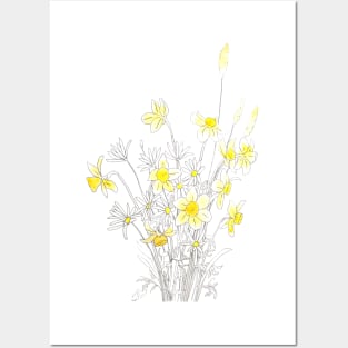 white daisy and yellow daffodils ink and watercolor Posters and Art